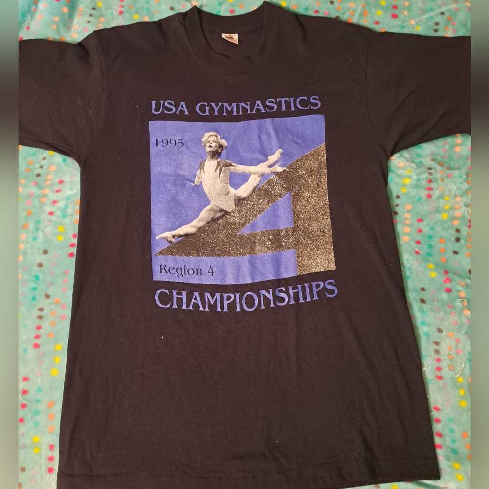 Vintage 1995 USA gymnastics glitter tee.  FOTL single Stitch. Black, Large
